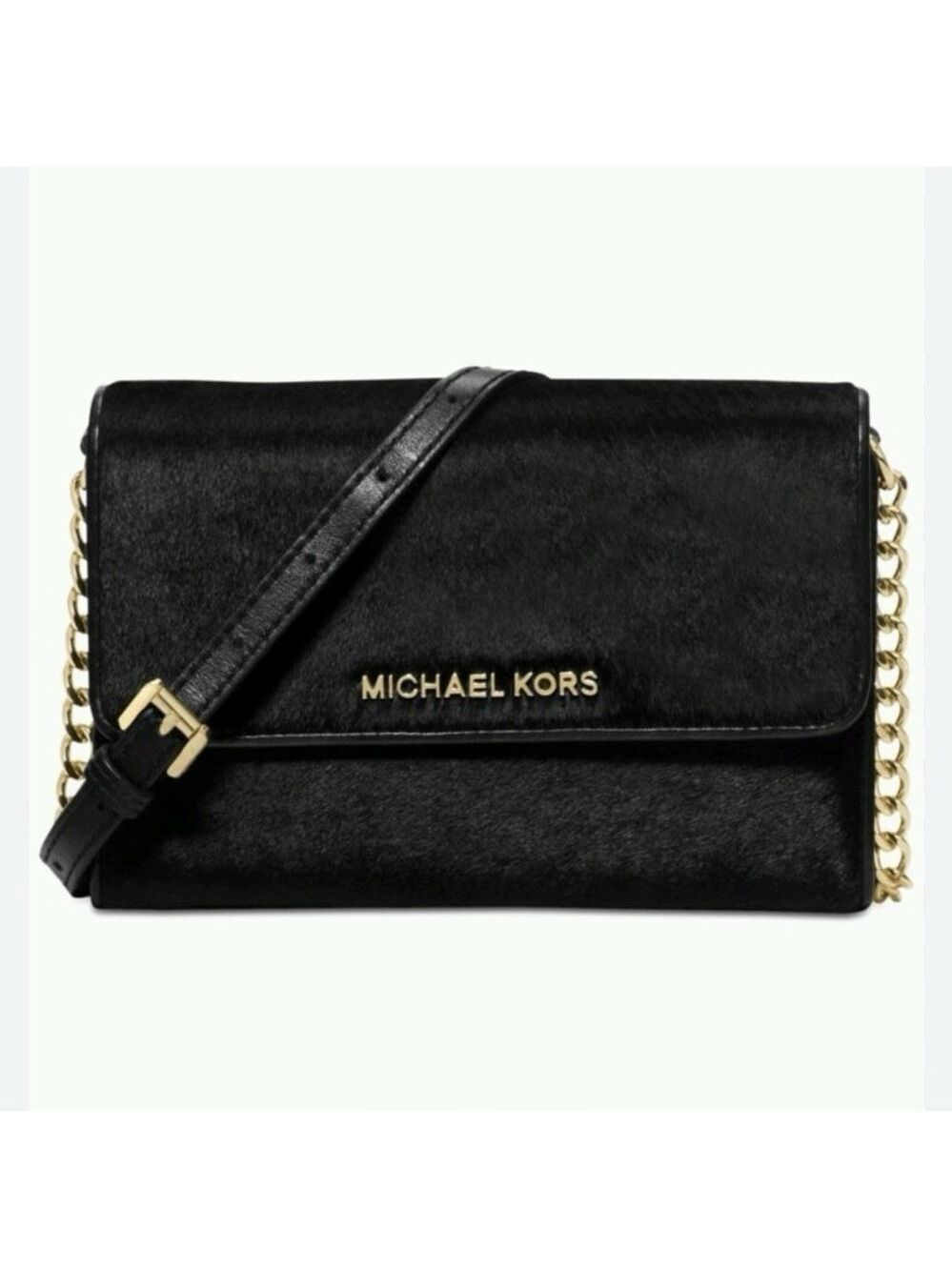 Michael Kors Crossbody Bag Black Calf Hair Jet Set Small Elegant Evening Purse
